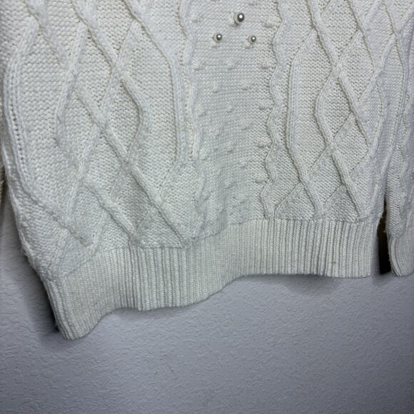 White House Black Market Cream Cable Knit Pearl Embellished Sweater XS - Picture 5 of 10